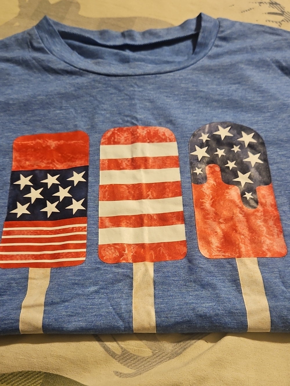 Womens Blue Graphic Tee with Patriotic Popsicle Print